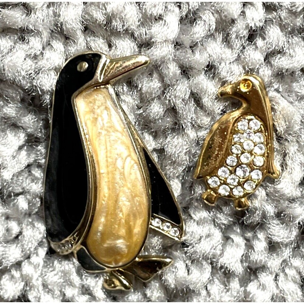 Rhinestone Penguin Enamel Pin Lot of 2 Vintage Brooch Animal Jewelry
